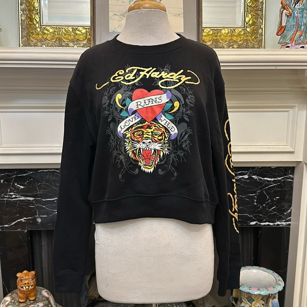 NWT “Ed Hardy” blk sweatshirt “Love Runs Wild” Ed Hardy w/tiger design